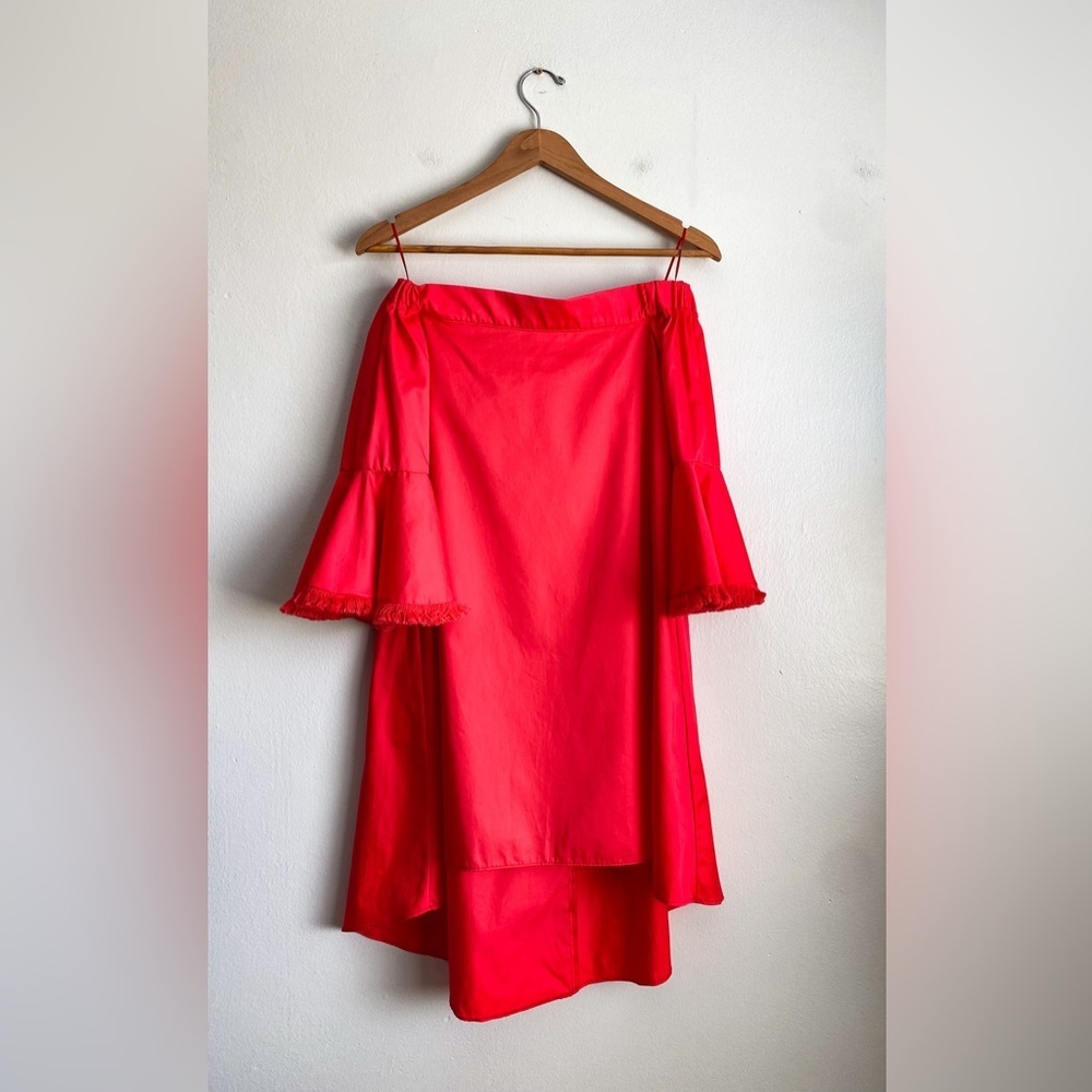$398 N/Nicholas Red Bell Sleeve Off Shoulder High Low Cotton Mini Dress Vacation - Picture 10 of 13